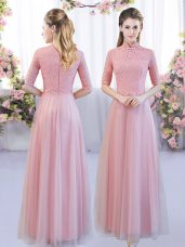 Floor Length Pink Bridesmaid Dresses Tulle Half Sleeves Lace