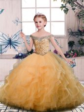 Unique Gold Off The Shoulder Lace Up Beading and Ruffles Little Girl Pageant Dress Sleeveless