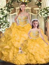 Customized Gold Ball Gowns Sweetheart Sleeveless Organza Floor Length Lace Up Beading and Ruffles 15 Quinceanera Dress