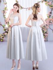 Fine Silver Satin Lace Up Court Dresses for Sweet 16 Sleeveless Tea Length Appliques