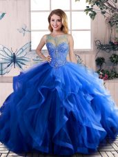 Royal Blue 15th Birthday Dress Sweet 16 and Quinceanera with Beading and Ruffles Scoop Sleeveless Lace Up