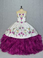 Fuchsia Lace Up Sweetheart Embroidery and Ruffles Vestidos de Quinceanera Organza Sleeveless