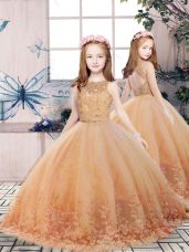 Floor Length Gold Little Girls Pageant Gowns Tulle Sleeveless Lace and Appliques