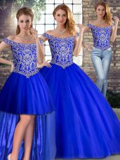 Fine Three Pieces Sleeveless Royal Blue Quinceanera Gowns Brush Train Lace Up