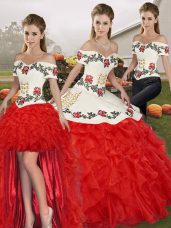 Off The Shoulder Sleeveless Quinceanera Dress Floor Length Embroidery and Ruffles White And Red Organza