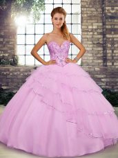 Captivating Lilac Sleeveless Beading and Ruffled Layers Lace Up Ball Gown Prom Dress