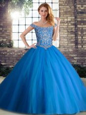 Comfortable Sleeveless Beading Lace Up Quinceanera Gowns with Blue Brush Train