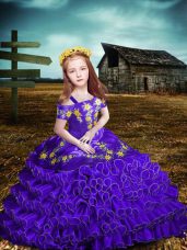 Exquisite Floor Length Purple Custom Made Pageant Dress Off The Shoulder Short Sleeves Lace Up