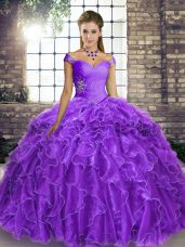 Brush Train Ball Gowns 15 Quinceanera Dress Lavender Off The Shoulder Organza Sleeveless Lace Up