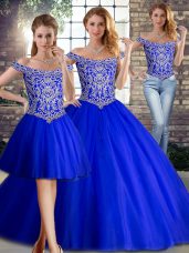 Popular Royal Blue Tulle Lace Up 15 Quinceanera Dress Sleeveless Brush Train Beading