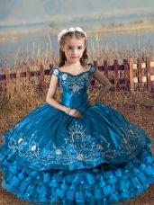 Lovely Blue Lace Up Little Girls Pageant Gowns Embroidery and Ruffled Layers Sleeveless Floor Length