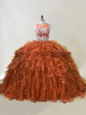 Dynamic Brown Quinceanera Dresses Sweet 16 and Quinceanera with Beading and Ruffles Scoop Sleeveless Brush Train Zipper