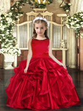 Customized Red Ball Gowns Organza Scoop Sleeveless Ruffles Floor Length Lace Up High School Pageant Dress