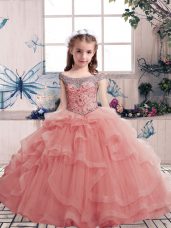 Pink Lace Up Scoop Beading and Ruffles Custom Made Pageant Dress Tulle Sleeveless