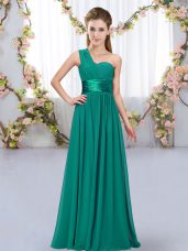 Superior Peacock Green Empire One Shoulder Sleeveless Chiffon Floor Length Lace Up Belt Quinceanera Dama Dress