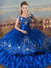 Attractive Floor Length Royal Blue Sweet 16 Dress Satin and Organza Sleeveless Embroidery and Ruffled Layers