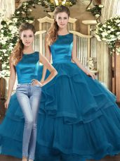 Simple Teal Tulle Lace Up Sweet 16 Quinceanera Dress Sleeveless Floor Length Ruffles