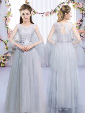 Floor Length Empire Sleeveless Grey Bridesmaid Dress Lace Up