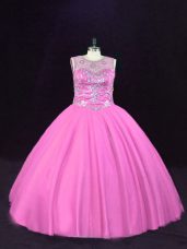 Stunning Pink Ball Gowns Tulle Scoop Sleeveless Beading Floor Length Lace Up Sweet 16 Dress