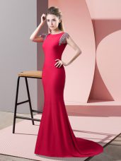Backless Prom Dresses Coral Red for Prom and Party with Beading Brush Train