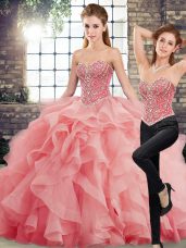 Watermelon Red Two Pieces Beading and Ruffles 15 Quinceanera Dress Lace Up Tulle Sleeveless