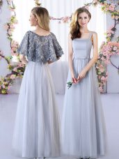 Grey Empire Tulle Straps Sleeveless Appliques Floor Length Lace Up Quinceanera Court Dresses