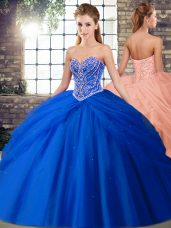 Royal Blue Lace Up Vestidos de Quinceanera Beading and Pick Ups Sleeveless Brush Train