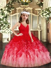 Latest Red and Multi-color Tulle Zipper Little Girls Pageant Dress Wholesale Sleeveless Floor Length Ruffles