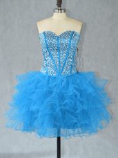 Sophisticated Organza Sweetheart Sleeveless Lace Up Beading and Ruffles Prom Dresses in Aqua Blue