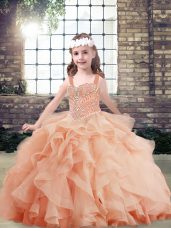 Peach Tulle Side Zipper Little Girls Pageant Dress Sleeveless Floor Length Beading and Ruffles