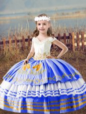 Blue Lace Up Off The Shoulder Embroidery Little Girl Pageant Dress Satin Sleeveless