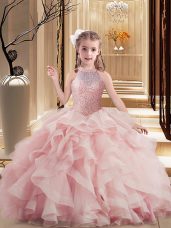 Pink Scoop Neckline Beading and Ruffles Kids Formal Wear Sleeveless Lace Up