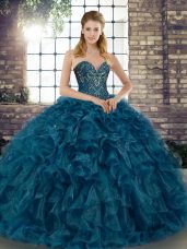 Fancy Teal Sleeveless Organza Lace Up Vestidos de Quinceanera for Military Ball and Sweet 16 and Quinceanera