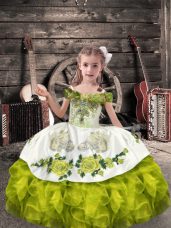 Adorable Olive Green Organza Lace Up Off The Shoulder Sleeveless Floor Length Pageant Gowns Beading and Embroidery and Ruffles