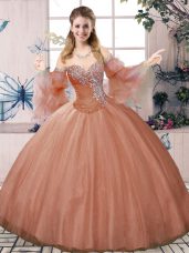 Exquisite Rust Red Ball Gowns Tulle Sweetheart Sleeveless Beading Floor Length Lace Up Quinceanera Gown
