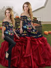 Red And Black Sleeveless Organza Lace Up Quinceanera Gown for Military Ball and Sweet 16 and Quinceanera