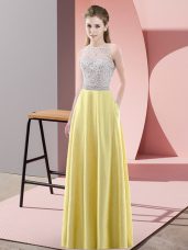 Scoop Sleeveless Prom Dress Floor Length Beading Yellow Satin