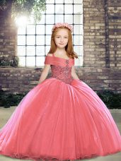 Watermelon Red Little Girls Pageant Dress Wholesale Tulle Brush Train Sleeveless Beading