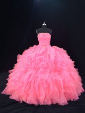 Glamorous Beading and Ruffles 15th Birthday Dress Pink Lace Up Sleeveless Floor Length