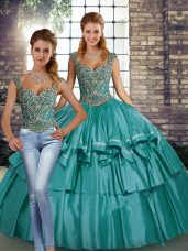 Teal Straps Neckline Beading and Ruffled Layers Quince Ball Gowns Sleeveless Lace Up