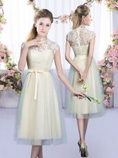 Flirting Champagne Empire Tulle High-neck Cap Sleeves Lace and Bowknot Tea Length Zipper Quinceanera Court of Honor Dress