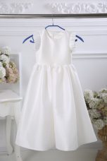 Perfect White Empire Satin Scoop Sleeveless Ruching Tea Length Zipper Flower Girl Dress