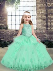 Nice Apple Green Sleeveless Lace and Appliques Floor Length Kids Pageant Dress