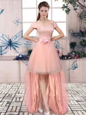 Short Sleeves Tulle High Low Lace Up Juniors Evening Dress in Pink with Lace and Hand Made Flower
