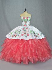 Most Popular Sleeveless Embroidery and Ruffles Lace Up Quinceanera Gown with Watermelon Red