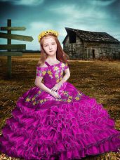Ball Gowns Girls Pageant Dresses Fuchsia Off The Shoulder Organza Short Sleeves Floor Length Lace Up