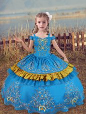 Ball Gowns Little Girls Pageant Dress Wholesale Baby Blue Off The Shoulder Satin Sleeveless Floor Length Lace Up