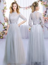 Half Sleeves Tulle Floor Length Zipper Quinceanera Court Dresses in Grey with Lace and Belt