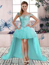 Simple Aqua Blue A-line Off The Shoulder Sleeveless Tulle High Low Lace Up Beading and Ruffles Party Dress Wholesale