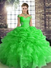 Green Organza Lace Up Quinceanera Gowns Sleeveless Floor Length Beading and Ruffles and Pick Ups